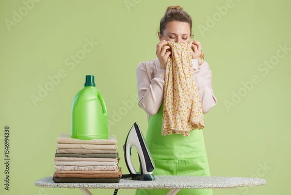 Obraz Woman enjoying fresh laundry scent at ironing board
