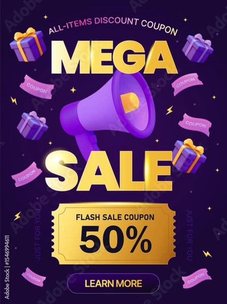 Fototapeta 3d mega sale banner template with gift voucher, coupon code, percentage off, isolated on background with gift boxes flying around megaphone. Mega discount event banner template in 3d vector. Vector