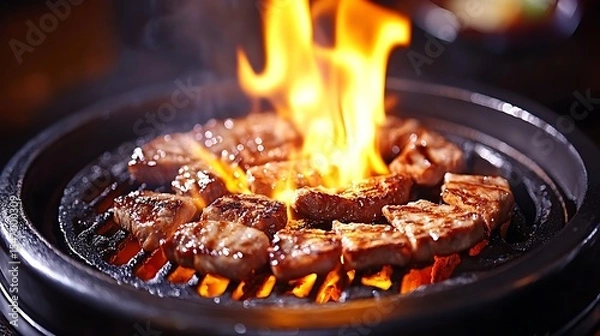 Fototapeta Korean barbecue featuring succulent marinated beef short ribs on a flaming grill