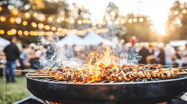 Fototapeta Outdoor barbecue with grilling chicken skewers at a festive summer event