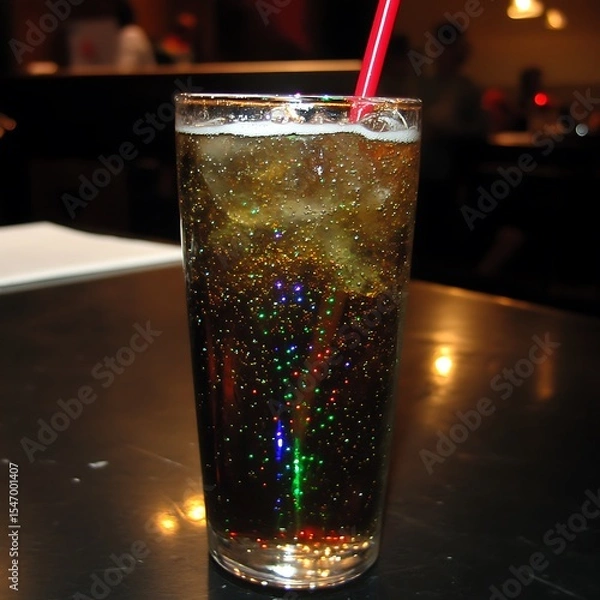 Fototapeta Refreshing bubbly cola drink with ice cubes served in a tall glass cup