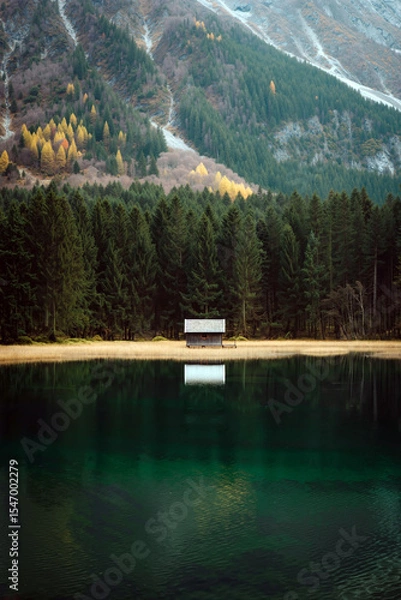Obraz A quiet cabin stands alone by a crystal-clear mountain lake surrounded by tall trees and vibrant autumn foliage under a gentle sky. Generative AI.