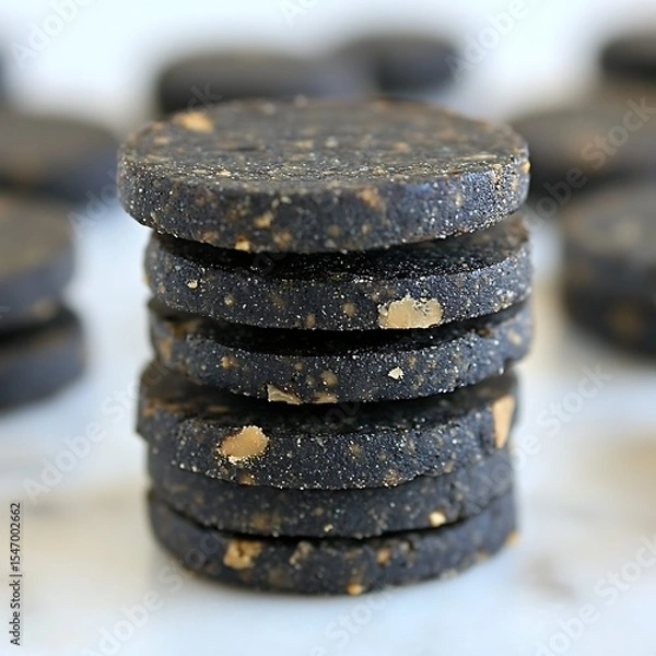 Fototapeta Stack of delectable black sesame cookies on a bright and clean background