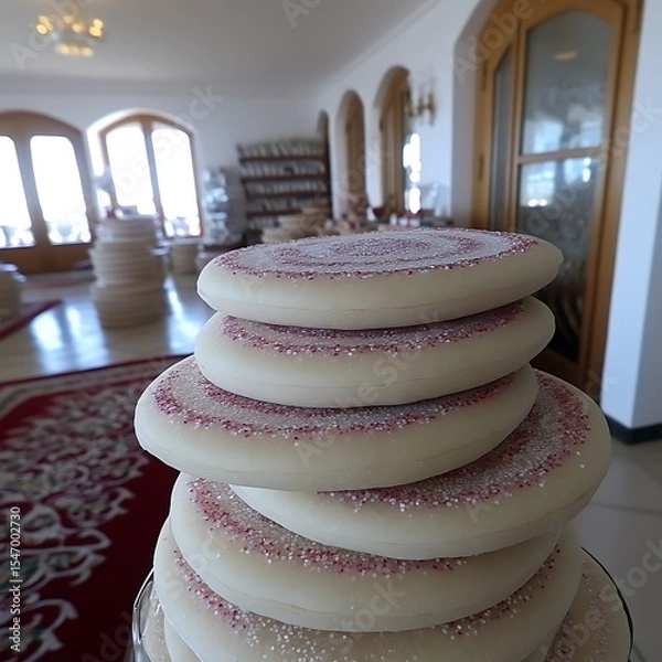 Fototapeta Stack of traditional flatbreads adorned with sprinkles on a table indoors