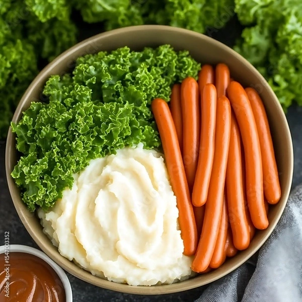 Fototapeta Vibrant Bowl of Nutritious Food Featuring Kale, Mashed Potatoes, and Carrot Sticks