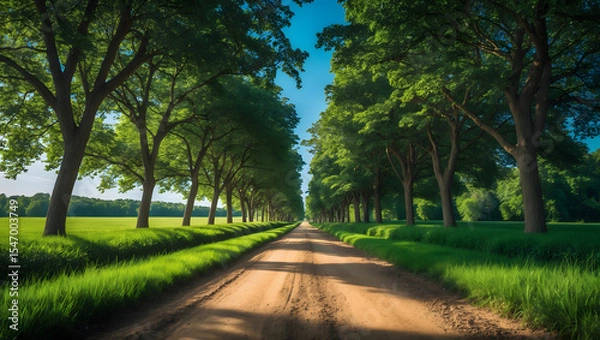 Obraz A dirt path through a park with lush green trees during the daytime in summertime. Ai Generative.