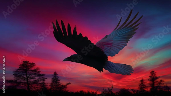Obraz A bird is flying in the sky above a beautiful sunset