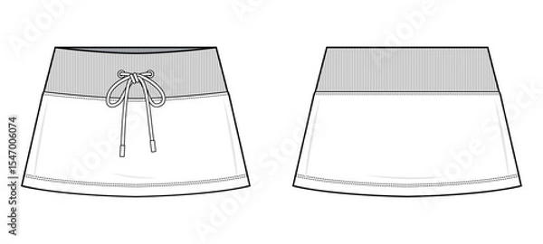 Fototapeta Drawstring Mini Skirt Technical Fashion Illustration. A-Line Skirt with Ribbed Waistband Vector Template. Front and Back View. Comfortable Fit. Women’s Casualwear. CAD Mockup.