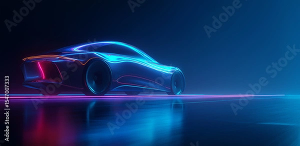 Fototapeta On a black background, colorful light bands outline the car's contour, with dynamic lines presenting a tech - futuristic car image.