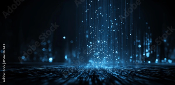 Fototapeta Against a dark background, blue light spots cascade like beams, as if data pouring, creating a tech - futuristic data - flow scene.