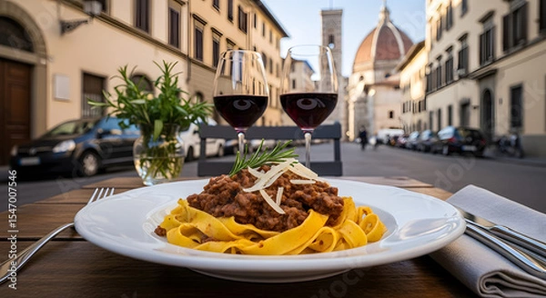 Fototapeta Tagliatelle al Ragù with Bologna cityscape background and luxury dining setup
