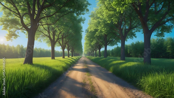 Fototapeta A dirt path through a park with lush green trees during the daytime in summertime. Ai Generative.