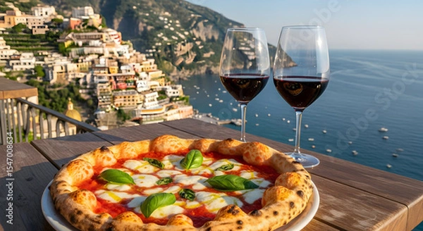 Fototapeta Neapolitan pizza with Sorrento coastal view background
