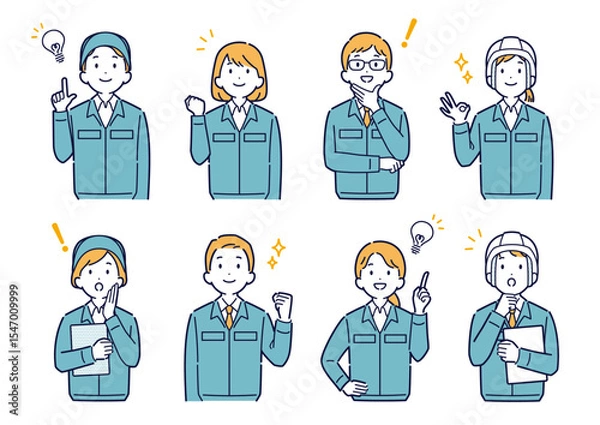 Obraz 上を向いて明るい表情をする作業着姿の男女のイラストセット＿上半身