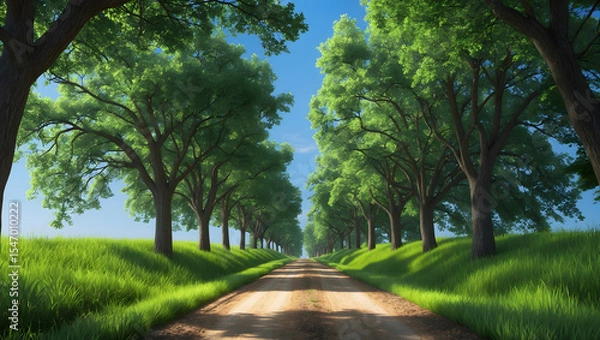 Obraz A dirt path through a park with lush green trees during the daytime in summertime. Ai Generative.