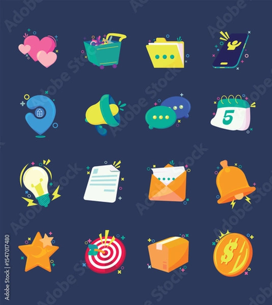 Fototapeta Colorful and cute flat style vector icon set including heart, coin, chat bubble, folder, shopping cart, calendar, idea, and alert bell. Perfect for app UI, web, games, infographic, and digital tools.