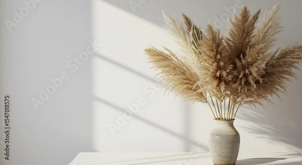 Fototapeta Soft light illuminates fluffy pampas grass elegantly arranged in a simple vase. AI Generated