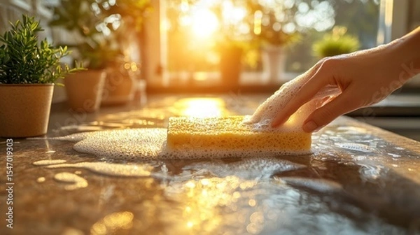 Obraz Close-up of hand wiping a kitchen counter with a sponge and soap for a fresh and clean home