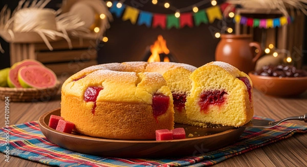 Fototapeta Brazilian cornmeal cake with guava paste (bolo de fubá com goiabada) at Festa Junina celebration
