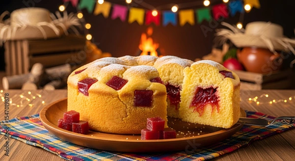 Fototapeta Brazilian cornmeal cake with guava paste (bolo de fubá com goiabada) at Festa Junina celebration
