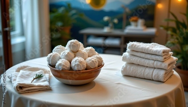 Fototapeta birds eye perspective reveals a table draped in a soft, blurry background, upon it, a vessel overflows with shimmering laundry spheres and stacks of pristine towels