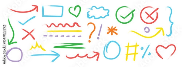 Obraz Hand drawn crayon child pencil style icon set. Cute , heart, crown, flower in colorful kid doodle style. Crayon pencil style. Vector illustration