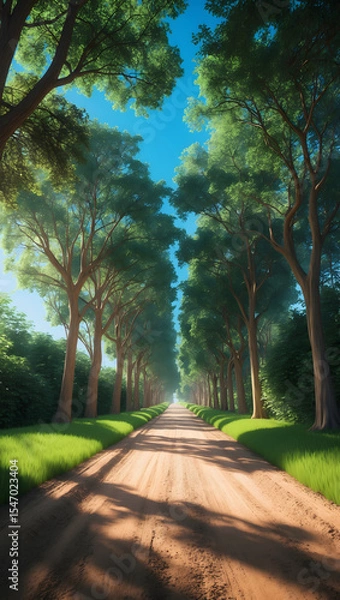 Obraz A dirt path through a park with lush green trees during the daytime in summertime. Ai Generative.
