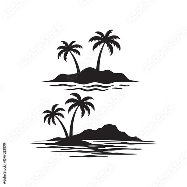Fototapeta Black silhouette of tropical islands with palm trees, wavy water base, and distant abstract hill shape