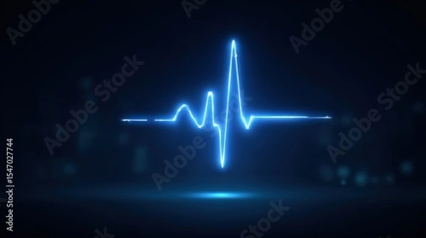 Fototapeta Neon blue heartbeat pulse graphic on dark background, symbolizing health and vitality