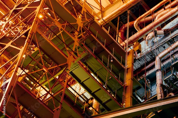 Fototapeta Industrial staircase structure with intricate metalwork and lighting in an urban setting at night