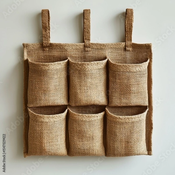 Obraz A woven wall organizer with six pockets, made from natural fibers, designed for hanging and storage.