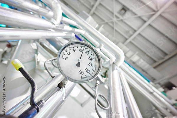 Fototapeta Round dial thermometer measures temperature in industrial piping system during processing hours in a factory environment