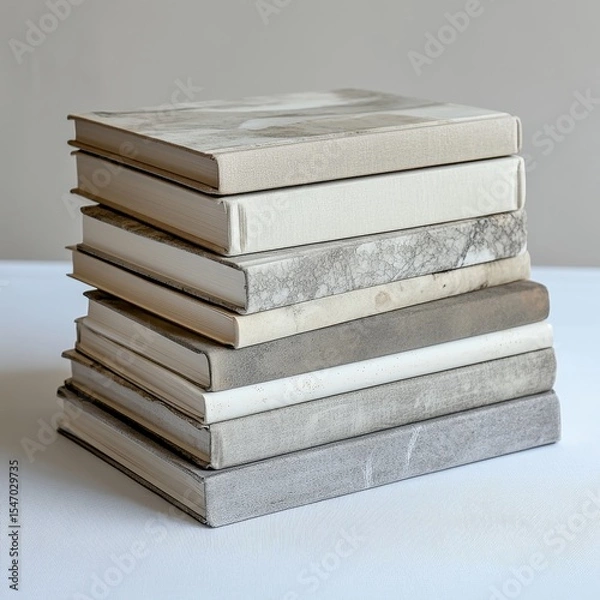 Obraz A stack of seven hardcover books with neutral-toned covers, neatly arranged on a white textured surface against a plain background.