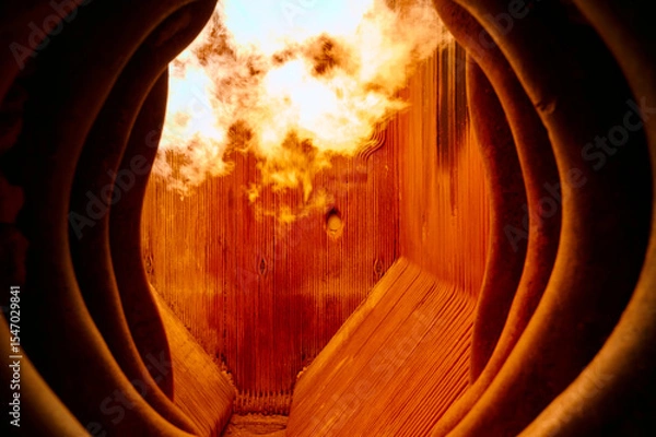 Fototapeta Interior view of operating steam boiler furnace showing flame combustion and heat exchange at a thermal power plant during peak operation hours
