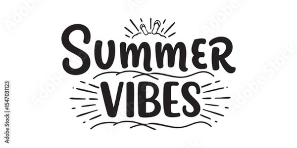 Fototapeta ‘Summer Vibes’ in bold cursive script with sunrays, flip-flops, and wave lines surrounding the phrase