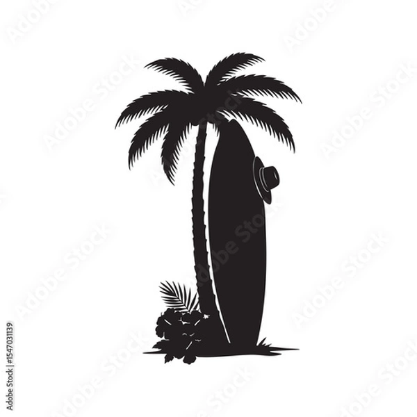 Fototapeta Silhouette of surfboard leaning on palm tree with hibiscus flowers at base and summer hat on board corner