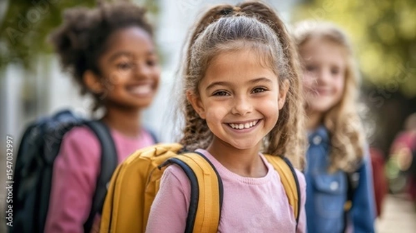 Fototapeta A young girl with braided hair smiling, standing in front of a group of children with backpacks, in a park with green trees and a clear blue sky.