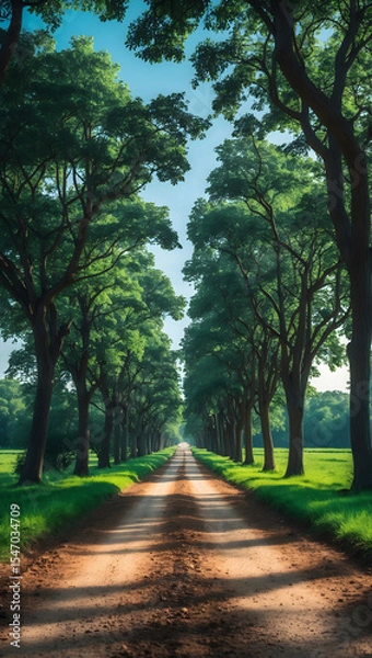 Obraz A dirt path through a park with lush green trees during the daytime in summertime. Ai Generative.