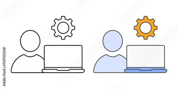 Obraz New hire tech onboarding icon with user avatar, laptop, and gear or checklist, in outline and color styles, ideal for illustrating IT setup, employee provisioning, and cloud onboarding workflows.