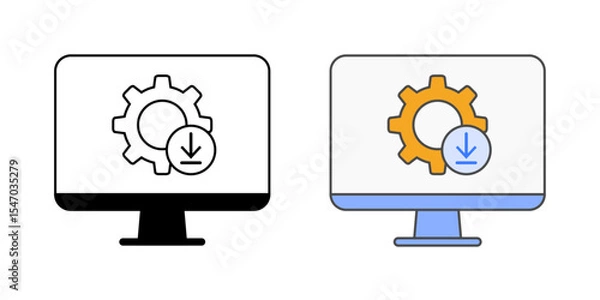Fototapeta Software installation for new user icon with monitor, install arrow, and gear, in outline and color styles, perfect for illustrating IT onboarding, app deployment, and workstation setup for employees