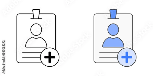 Fototapeta User profile creation icon with avatar, ID card, and plus sign, in outline and color styles, ideal for illustrating account setup, employee identity creation, and user onboarding in IT systems.