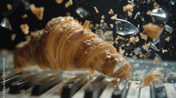 Fototapeta A flaky croissant slams onto piano keys, sending shards of glass and golden crumbs flying - Generative AI