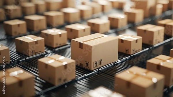 Fototapeta A cardboard box with a brown label on it, placed on a conveyor belt in a warehouse.