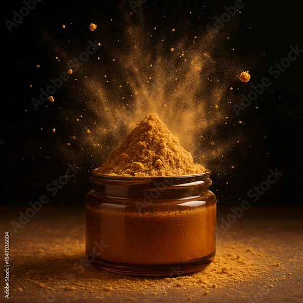 Fototapeta Golden brown spice explosion in glass jar on dark background showcasing culinary flavor texture food concept in high detail and warm lighting for stock photography, unique design Pro.