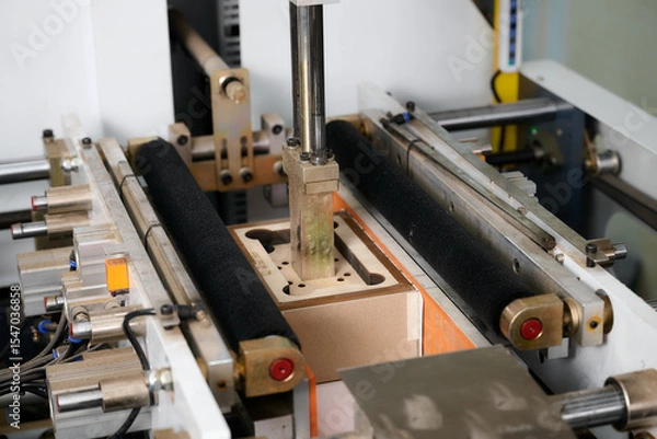 Fototapeta Innovative machine wraps rectangular boxes with precision in modern packaging facility