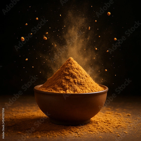 Fototapeta Golden brown spice explosion in glass jar on dark background showcasing culinary flavor texture food concept in high detail and warm lighting for stock photography, unique design Pro.