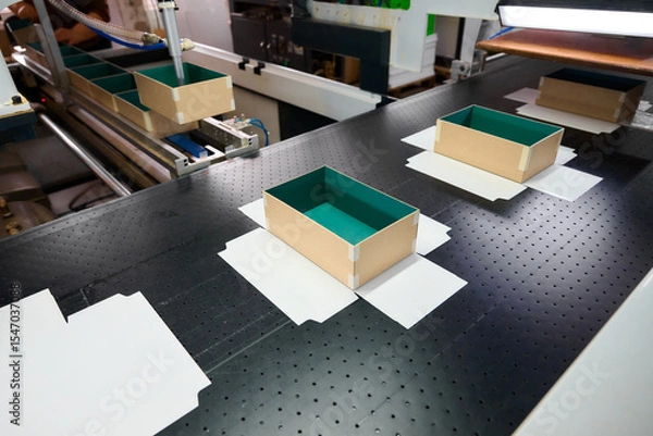 Fototapeta Innovative automation at a decorative box factory showcases advanced robotics handling cardboard boxes on the conveyor belt