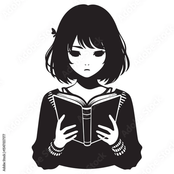 Obraz Anime Girl Reading Book Silhouette Vector For Creative Project