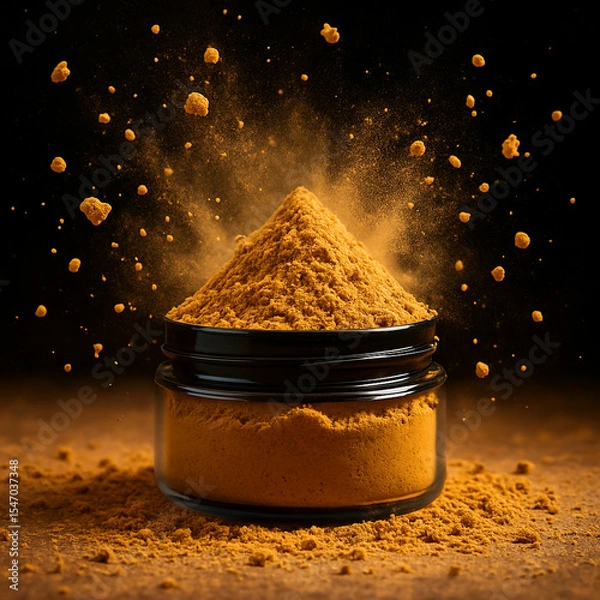 Fototapeta Golden brown spice explosion in glass jar on dark background showcasing culinary flavor texture food concept in high detail and warm lighting for stock photography, unique design Pro.