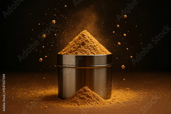 Fototapeta Golden brown spice explosion in glass jar on dark background showcasing culinary flavor texture food concept in high detail and warm lighting for stock photography, unique design Pro.